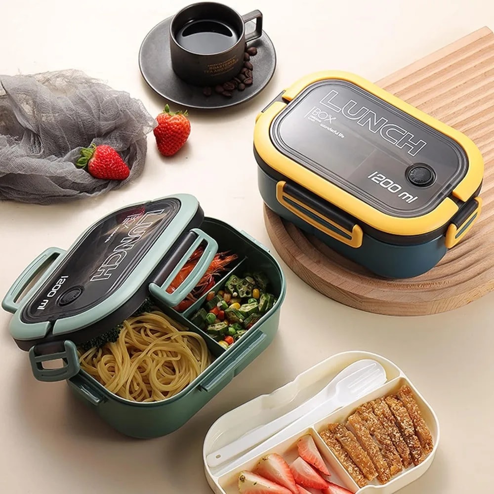 Leakproof Double Layer Lunch Box with Handle, Snack Box and Cutlery Set BPA Free, Microwave/Dishwasher Safe