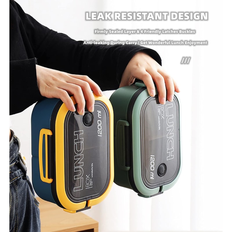 Leakproof Double Layer Lunch Box with Handle, Snack Box and Cutlery Set BPA Free, Microwave/Dishwasher Safe