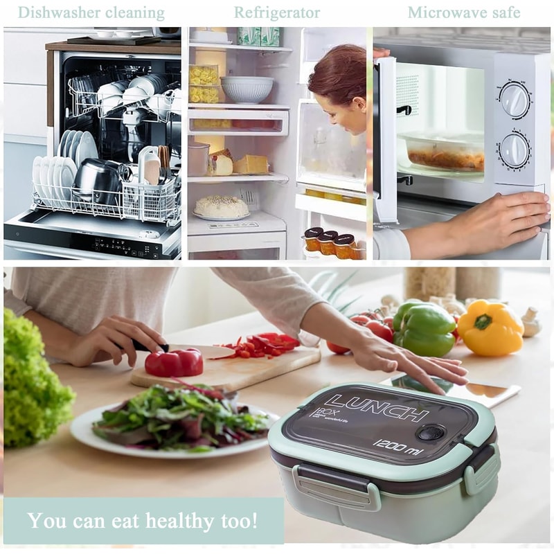 Leakproof Double Layer Lunch Box with Handle, Snack Box and Cutlery Set BPA Free, Microwave/Dishwasher Safe