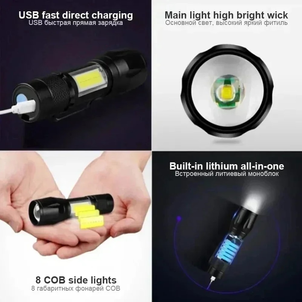 Zoomable Mini Portable Flashlight USB Rechargeable Torch For Outdoor Camping Fishing And Emergency