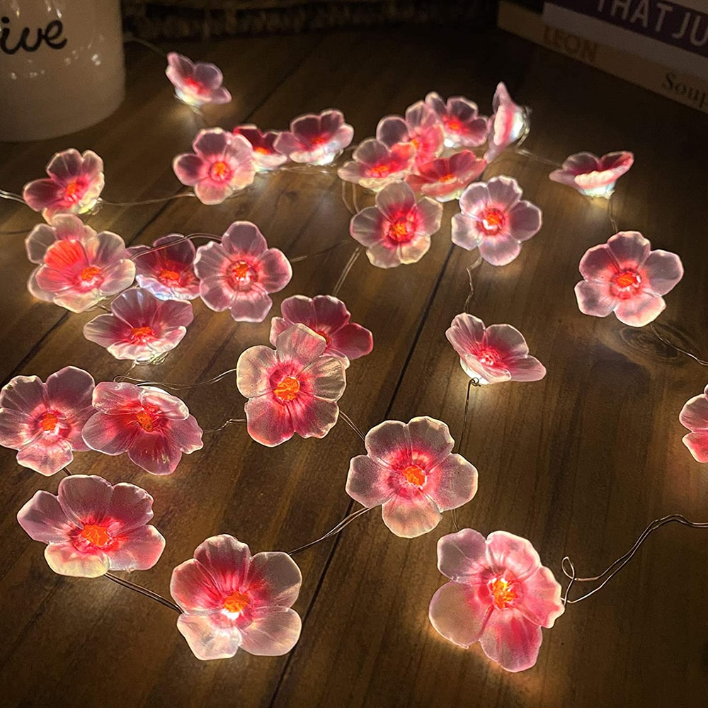 Pink Cherry Blossom Fairy String Lights, Decorative Pink Flower String Lamp for Outdoor & Christmas Garland
