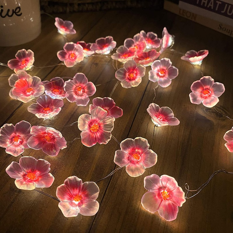 Pink Cherry Blossom Fairy String Lights, Decorative Pink Flower String Lamp for Outdoor & Christmas Garland