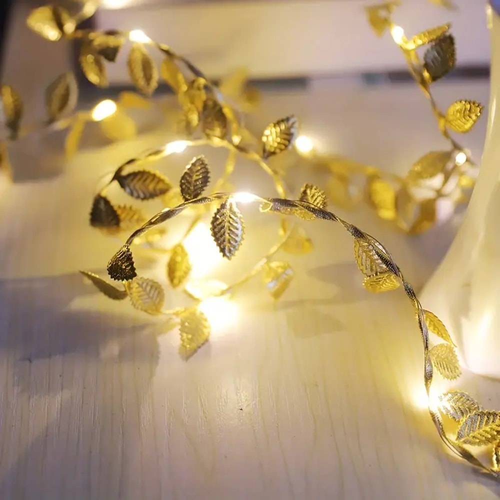 Golden Tiny Leaves LED Fairy Lights BatteryPowered Copper Wire String Lights For Home Wedding Party 4