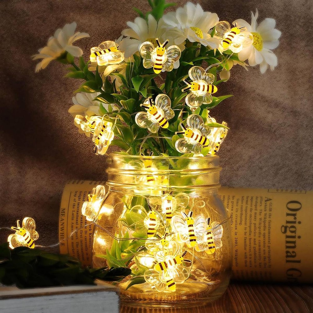 Bee String Lights Battery Operated Decorative LED Lights for Bedroom, Patio, and Parties