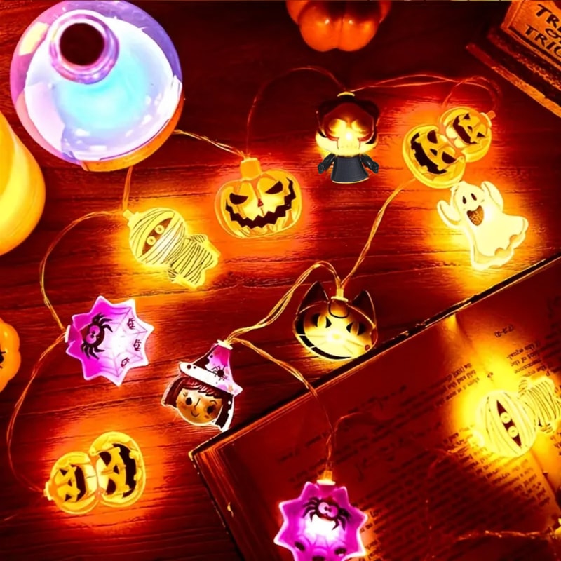 Halloween LED String Lights Battery Powered Ghost Witch Cat Pumpkin Spider Web Skeleton Mummy Pirat 5