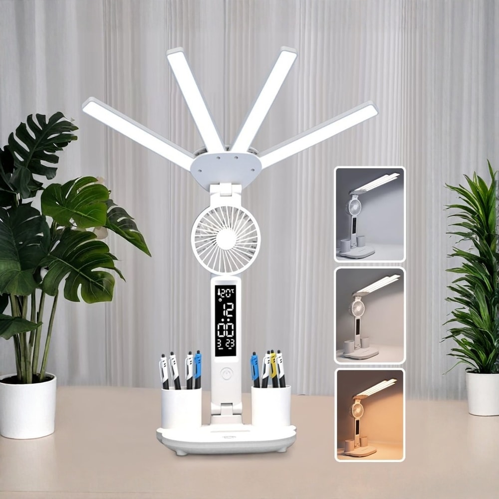 Multifunction Desk Lamp with Fan and Clock Foldable USB Rechargeable LED Desk Lamp