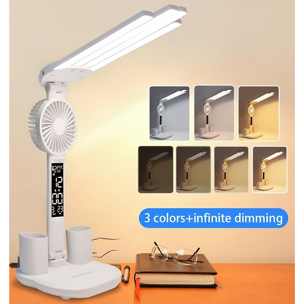 Multifunction Desk Lamp with Fan and Clock Foldable USB Rechargeable LED Desk Lamp