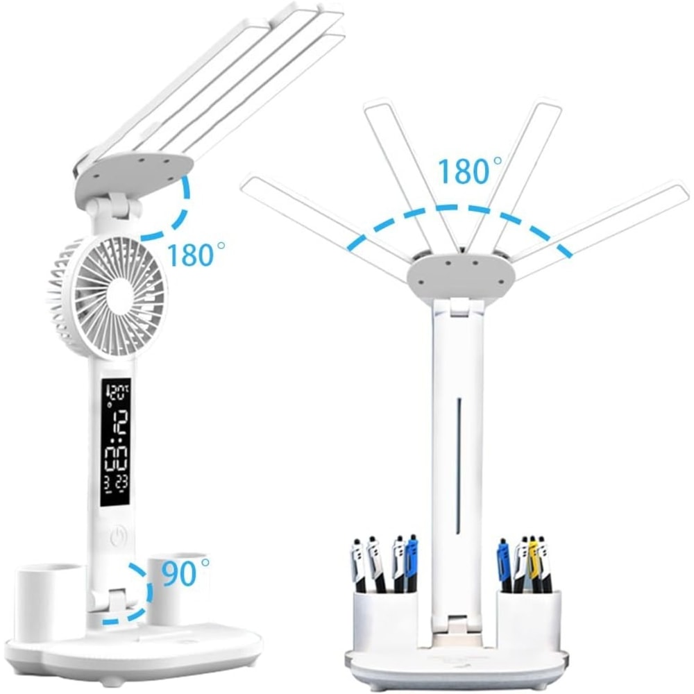 Multifunction Desk Lamp with Fan and Clock Foldable USB Rechargeable LED Desk Lamp