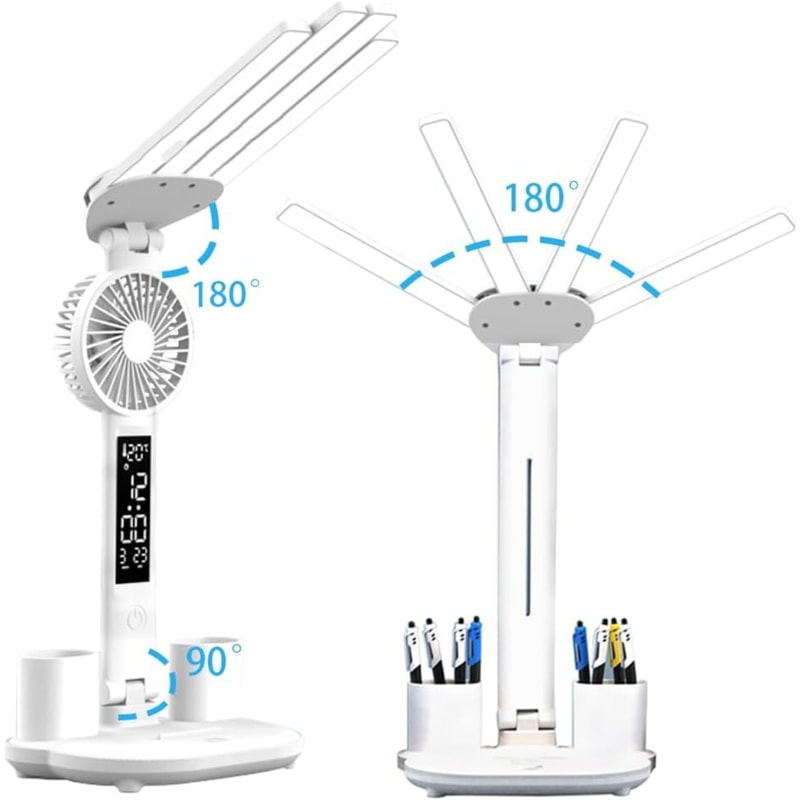 Multifunction Desk Lamp with Fan and Clock Foldable USB Rechargeable LED Desk Lamp