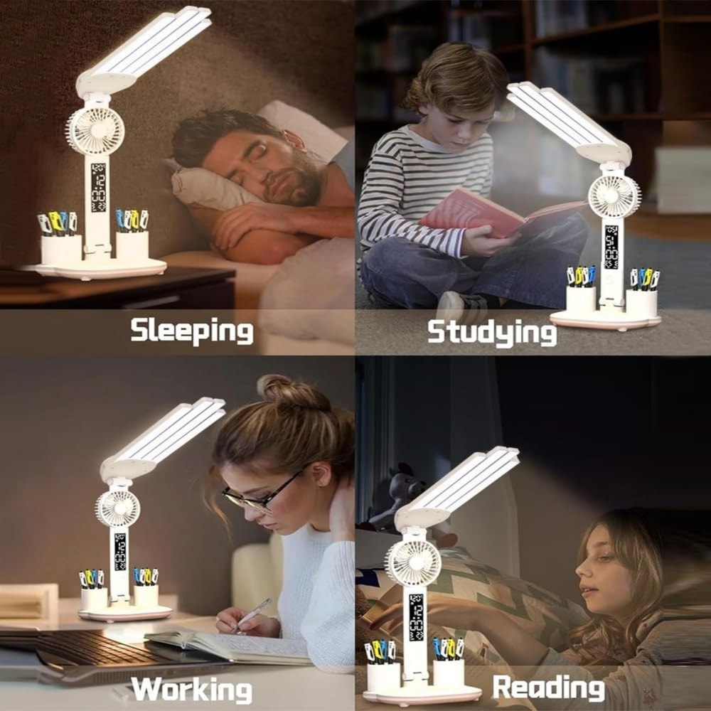 Multifunction Desk Lamp with Fan and Clock Foldable USB Rechargeable LED Desk Lamp