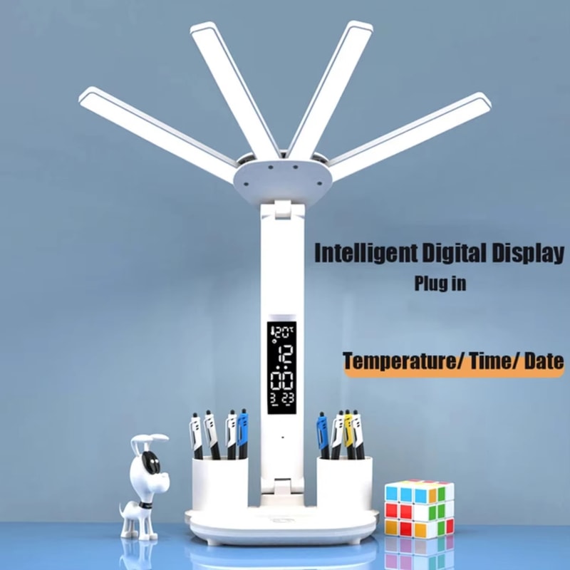 Multifunction Desk Lamp with Fan and Clock Foldable USB Rechargeable LED Desk Lamp
