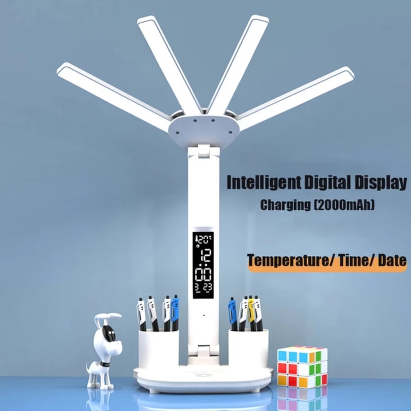 Multifunction Desk Lamp with Fan and Clock Foldable USB Rechargeable LED Desk Lamp