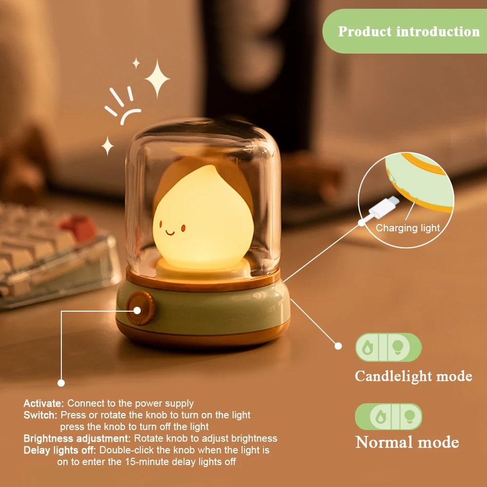 Cute Flameless Candle LED Night Light USB Rechargeable Dimmable Bedside Lamp