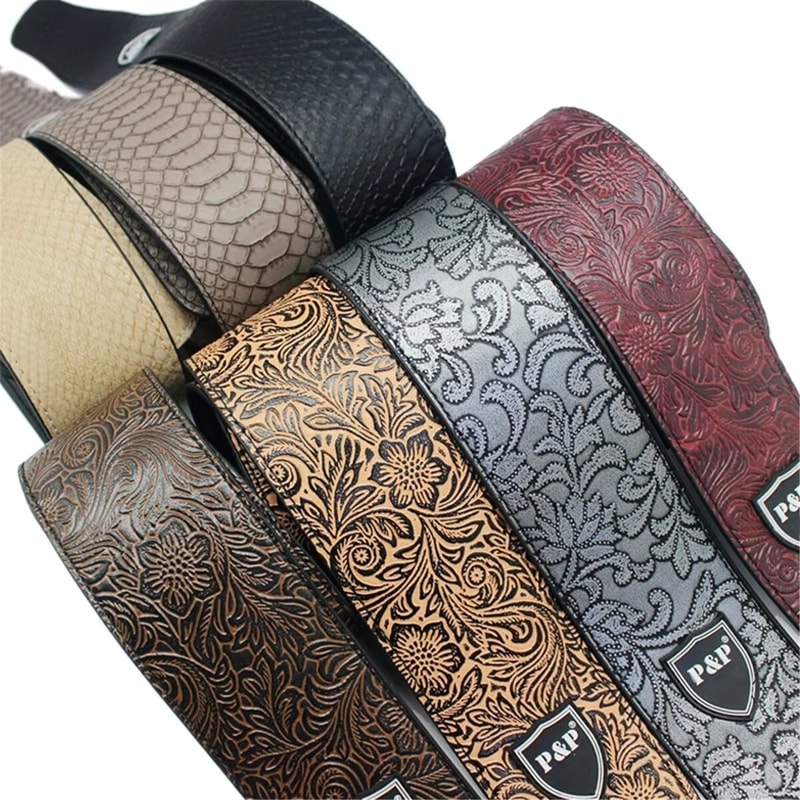 Guitar Strap Genuine Leather Adjustable Soft Embroidered Belt For Classical Bass Guitars Premium M 0