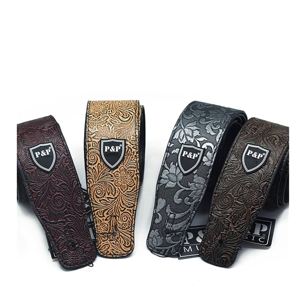 Guitar Strap Genuine Leather Adjustable Soft Embroidered Belt For Classical Bass Guitars Premium M 1