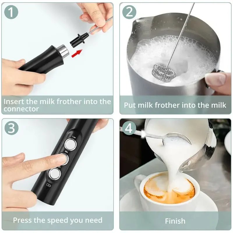Wireless Rechargeable Electric Milk Frother Speeds Handheld Foam Maker For Latte Cappuccino Hot Cho 4