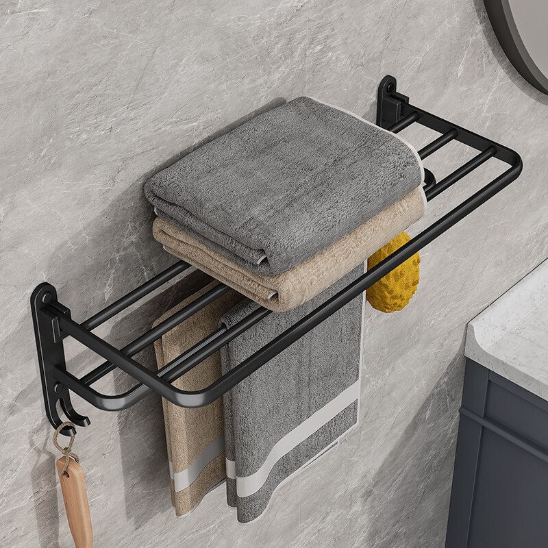 Matte Black Folding Towel Rack with Hook Wall Mount Aluminum Towel Holder