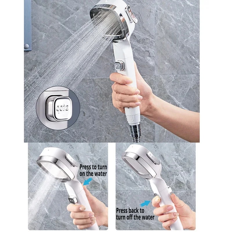 High Pressure Shower Head With Water Saving Modes Adjustable OneKey Stop Massage Sprayer Bathroom A 3
