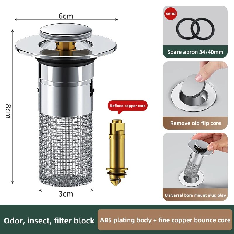 Stainless Steel Washbasin Leak Plug OdorProof Press Type Sink Drain With Bouncing Core 5