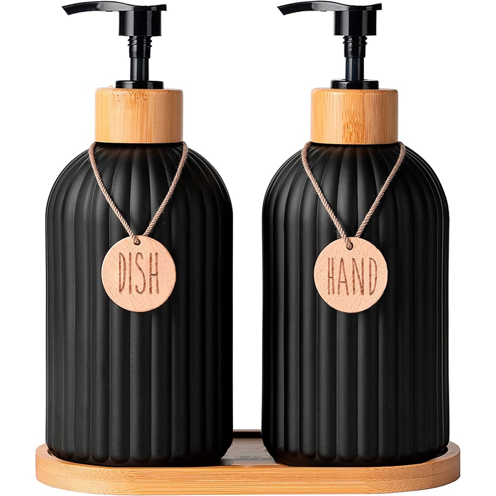 Kitchen Black Dish Soap Dispenser Set With Tags Countertop Storage For Hands Dish Soap 0