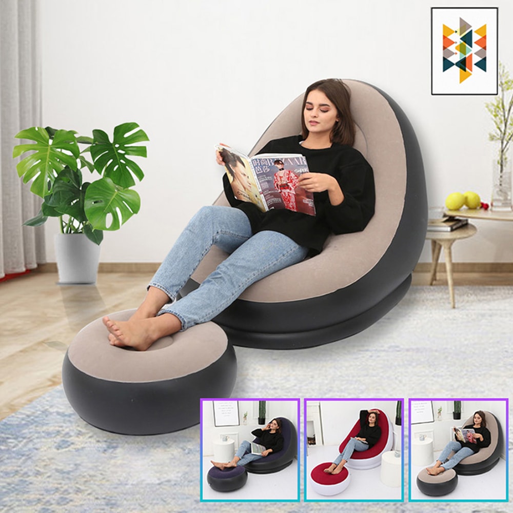 Portable Inflatable Sofa Chair Soft Flocked Inflatable Lounge Chair Foldable Lazy Air Sofa for Indoor Outdoor Relaxing
