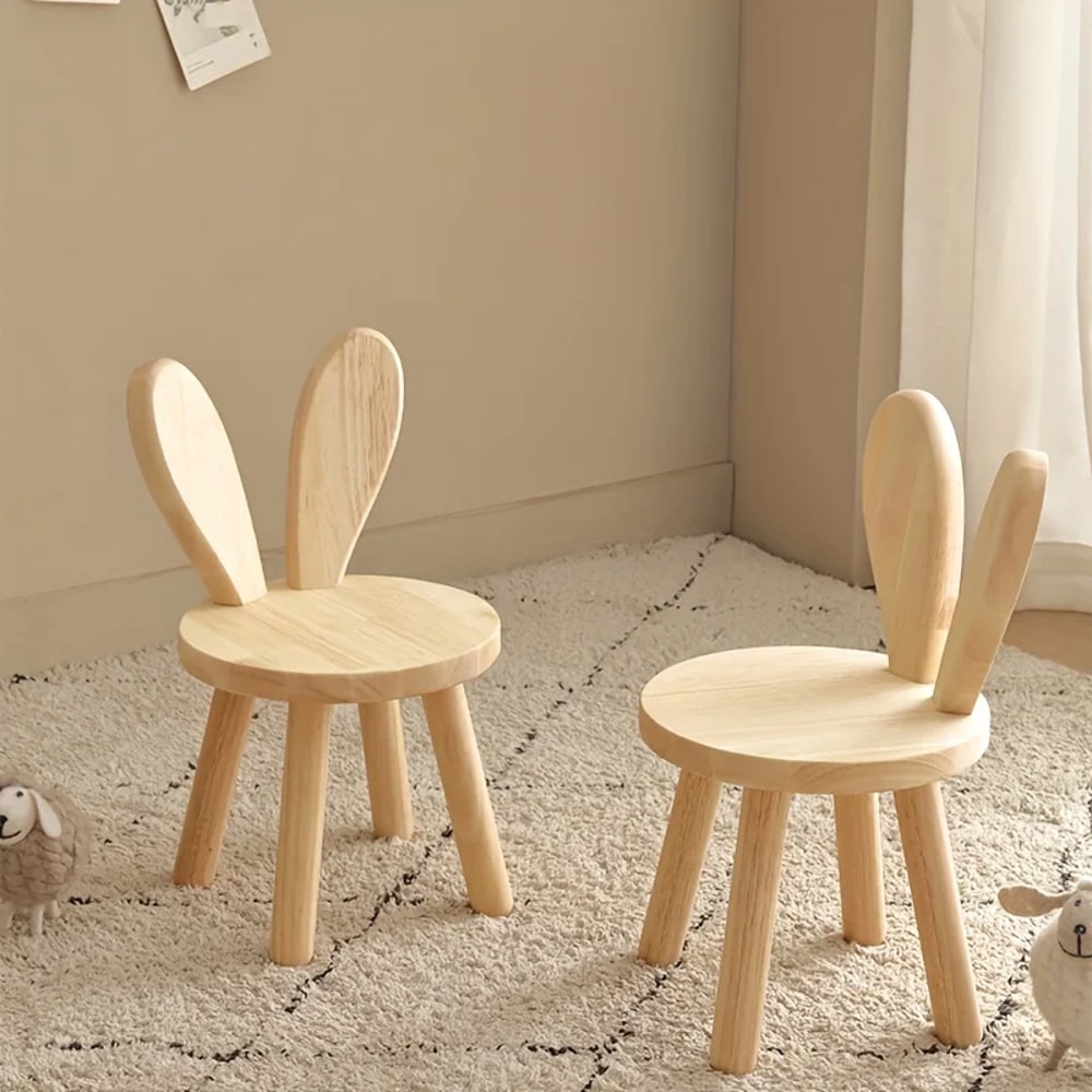 Cute Rabbit Ear Kids Wooden Stool Solid Wood Rabbit Ear Stool Decorative Children Chair