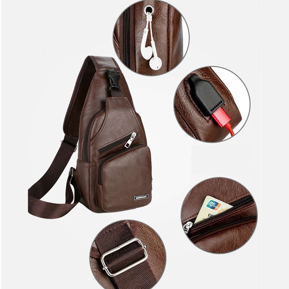 Fashionable Casual PU USB Charging Mens Chest Bag For Commuting 1