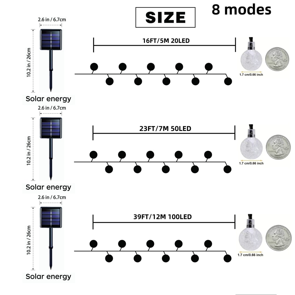 Crystal Globe Solar String Lights LED, Lighting Modes, Solar-Powered Outdoor Lights for Halloween & Christmas.