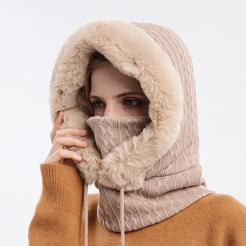 Winter Fur Cap Mask Set For Women Cashmere Knitted Neck Warmer Windproof Ski Balaclava Plush Fluffy 1
