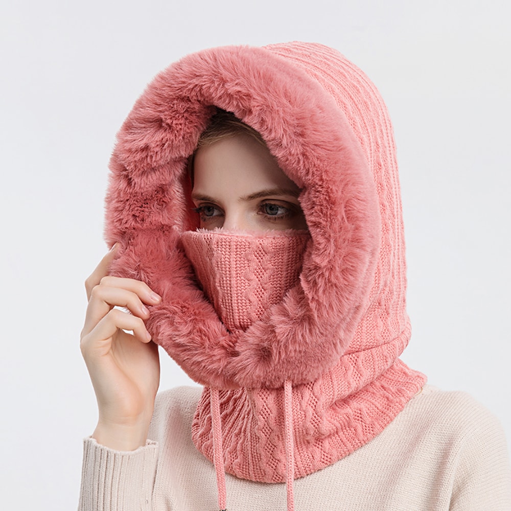 Winter Fur Cap Mask Set For Women Cashmere Knitted Neck Warmer Windproof Ski Balaclava Plush Fluffy 4