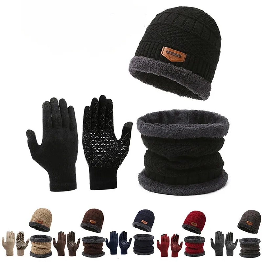 Mens Windproof Hat Outdoor Winter Scarf Gloves Set With Cashmere Insulated Knit Hat For Cold Weath 0