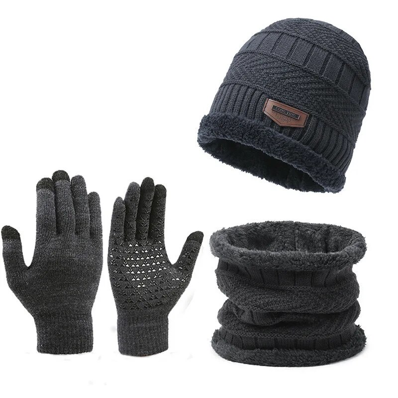 Mens Windproof Hat Outdoor Winter Scarf Gloves Set With Cashmere Insulated Knit Hat For Cold Weath 5