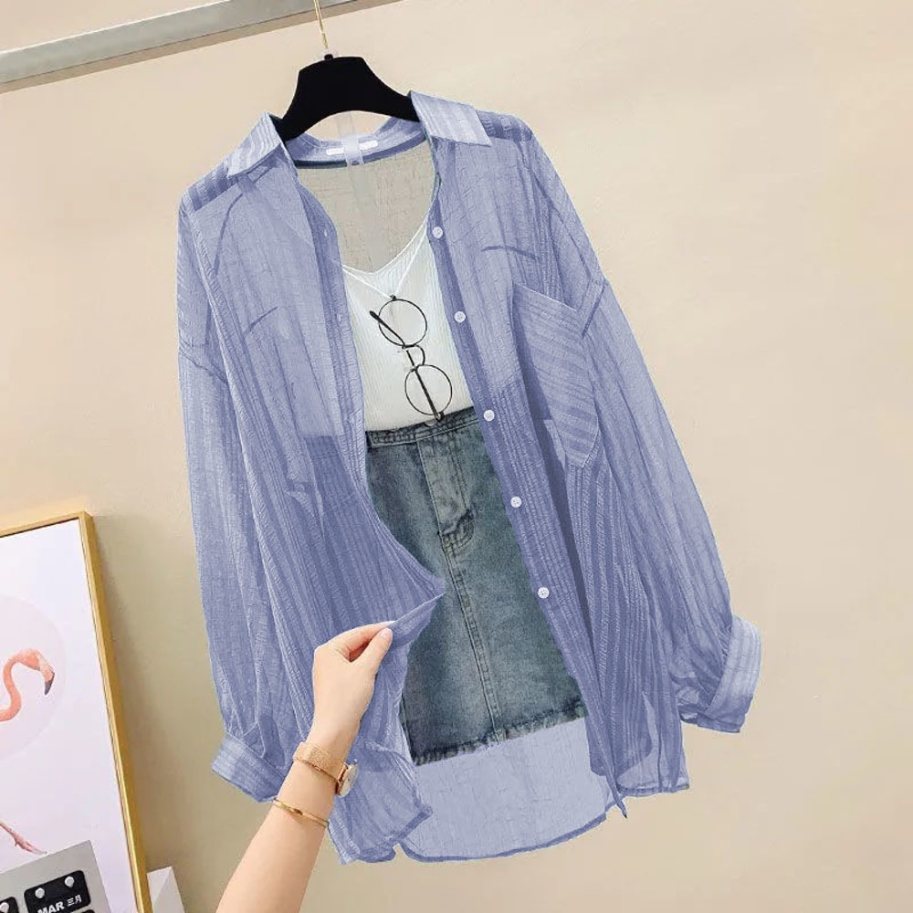 Elegant Summer Sunscreen Shirt Lightweight Chiffon Blouse With Sheer Detail Casual Womens Cardigan 4