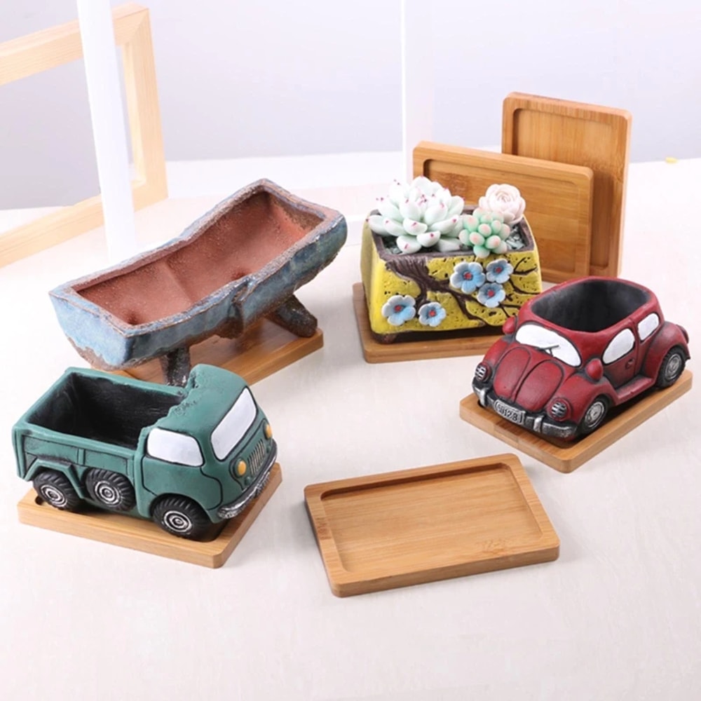 Bamboo Coaster Plate Set Decorative Wood Tray For Coffee Cups Flower Pots 4