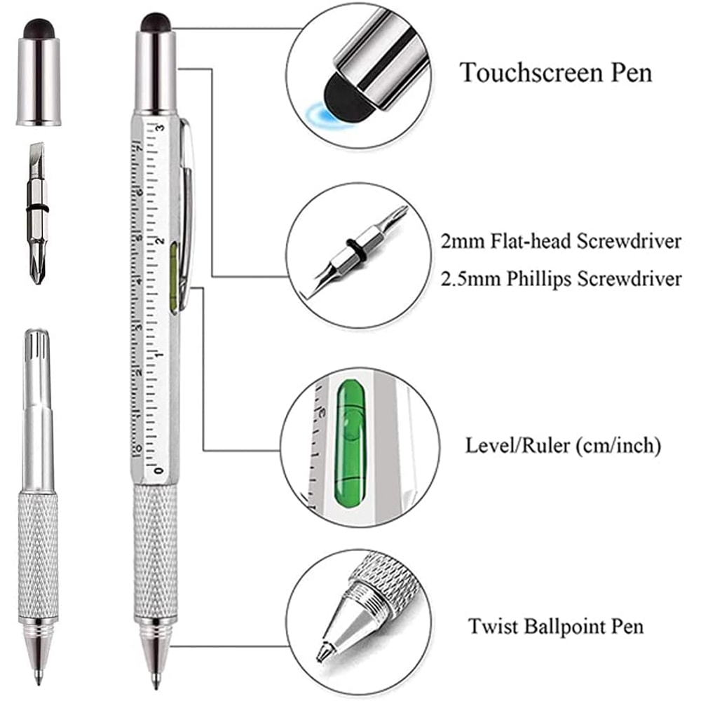 Multifunction Ballpoint Pen with Ruler, Screwdriver, Stylus, and Spirit Level