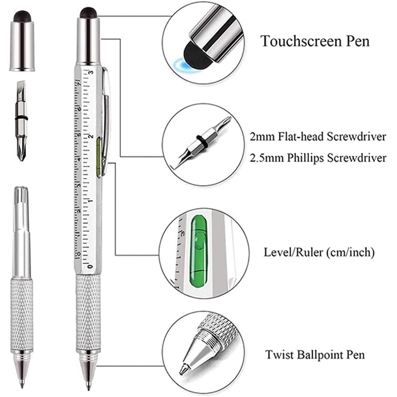 Multifunction Ballpoint Pen with Ruler, Screwdriver, Stylus, and Spirit Level