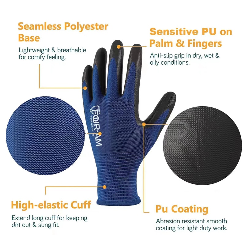 UltraThin PU Coated Work Gloves For Excellent Grip Nylon Shell Black Polyurethane Coated Safety Glo 1