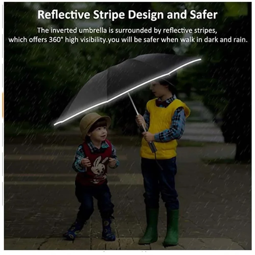 Windproof Reverse Folding Umbrella with UV Protection & Reflective Stripe
