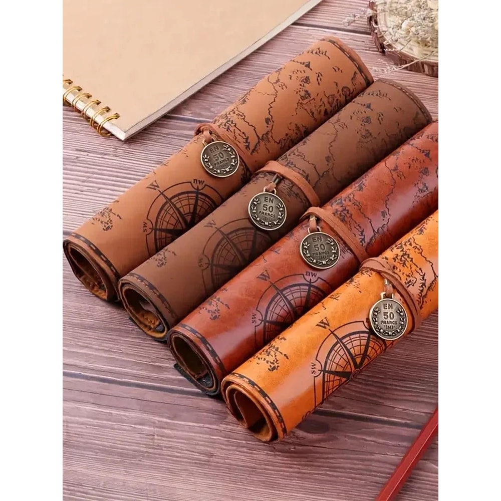 Creative Retro Leather Pencil Case Large Capacity Treasure Map Roll Pencil Bag with Embossed Buckle