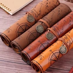 creative retro leather pencil case large capacity treasure map roll pencil bag with embossed buckle