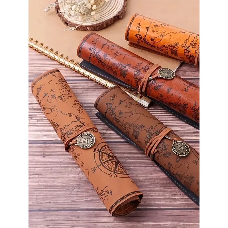 Creative Retro Leather Pencil Case Large Capacity Treasure Map Roll Pencil Bag with Embossed Buckle
