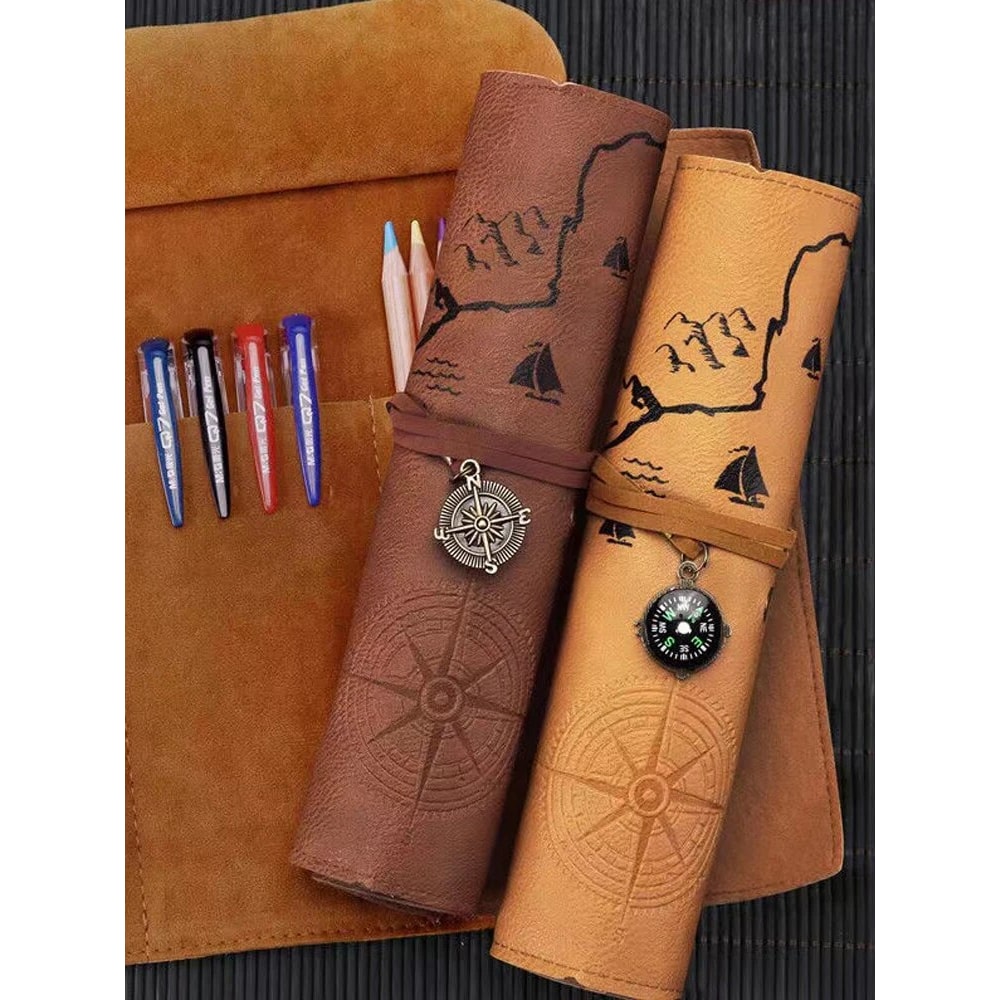 Creative Retro Leather Pencil Case Large Capacity Treasure Map Roll Pencil Bag with Embossed Buckle
