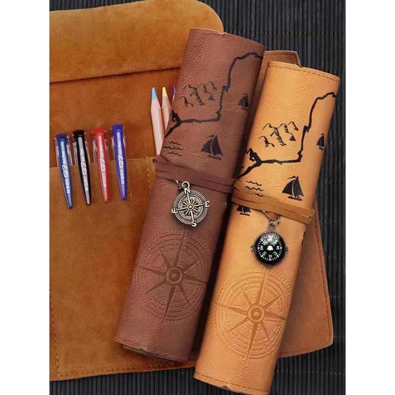 Creative Retro Leather Pencil Case Large Capacity Treasure Map Roll Pencil Bag with Embossed Buckle