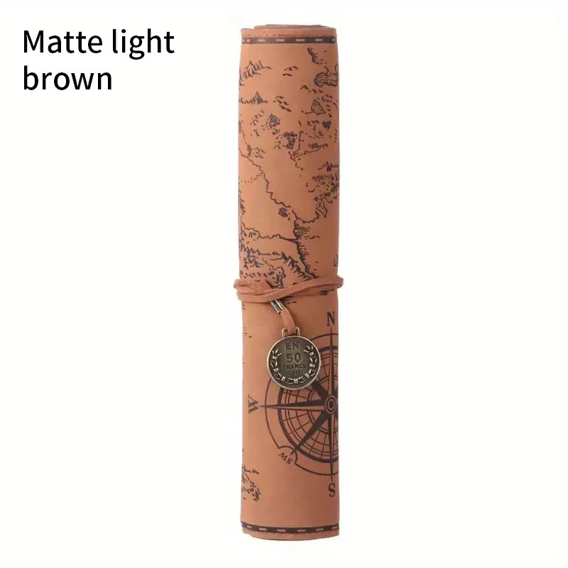 Creative Retro Leather Pencil Case Large Capacity Treasure Map Roll Pencil Bag with Embossed Buckle