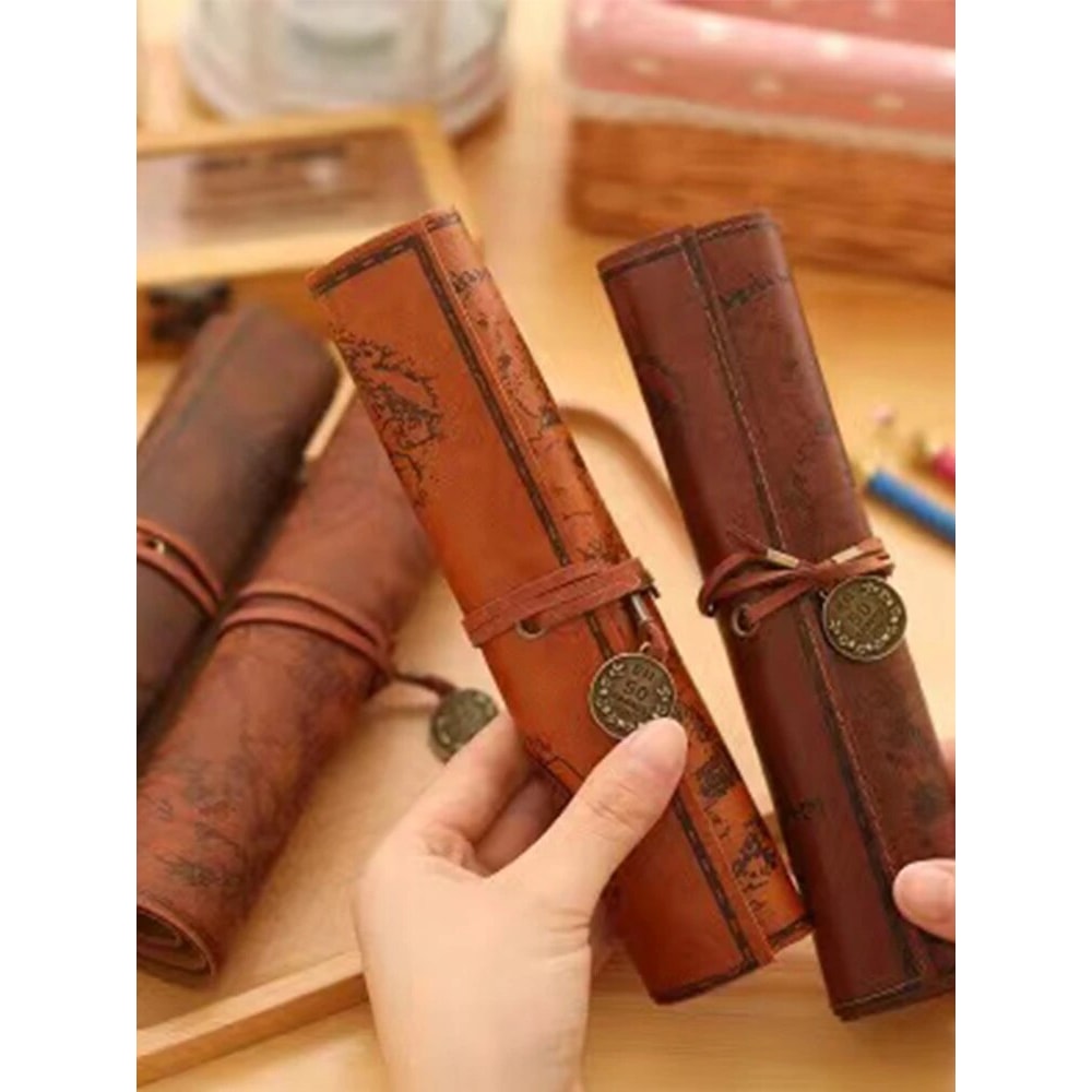 Creative Retro Leather Pencil Case Large Capacity Treasure Map Roll Pencil Bag with Embossed Buckle