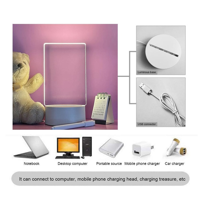 Transparent Luminous LED Night Light USB Rechargeable Acrylic Message Board & Calendar Desktop Ornament