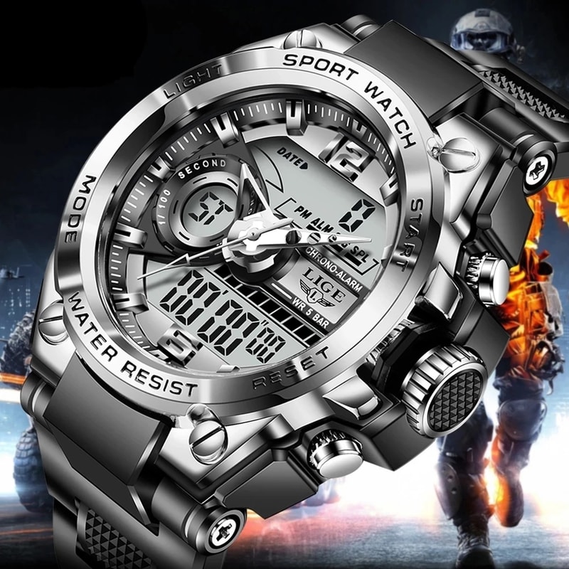 Mens Military Sport Watch with LED Display Waterproof Quartz Wristwatch