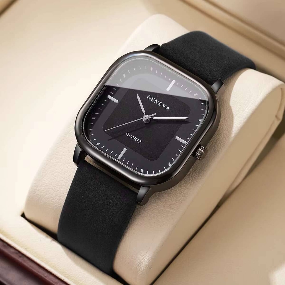 Minimalist Mens Quartz Watch with Leather Strap Fashion Square Wristwatch