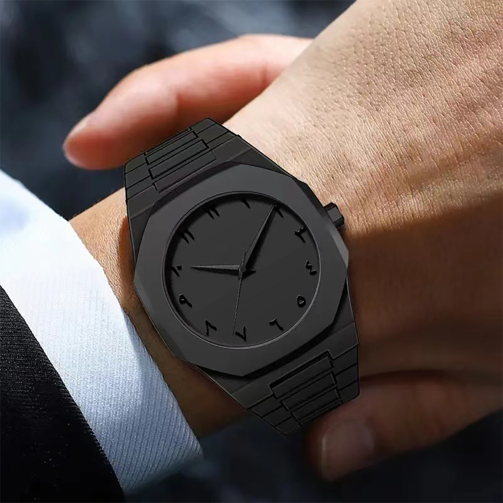 Fashionable Mens Black Quartz Watch With Arabic Digital Display Casual Drip Oil Strap 3