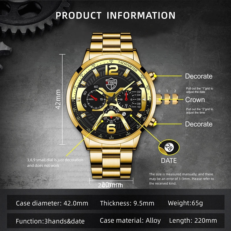 Fashion Mens Calendar Watches Business Stainless Steel Quartz Wristwatch Necklace Bracelet Set 2